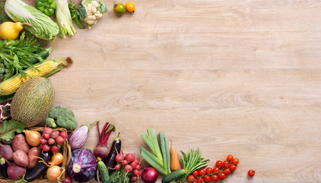 Fresh farmers market fruit and vegetable from above with copy spaceの写真素材