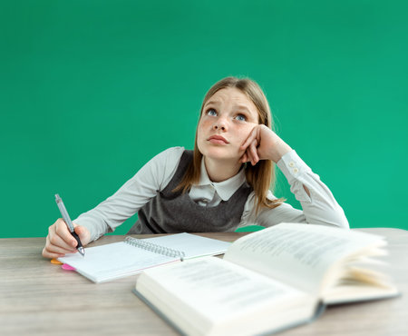 Fantasy pupil looking up as if daydreaming or thinking of something, while sitting at the desk with...