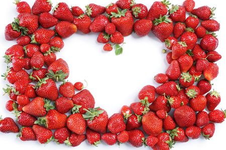 Heart made from Strawberry on white background. Copy space. Top view, High resolution product.の写真素材