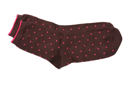 Pair of brown socks with red spots, isolated on white background. Close up, high resolution