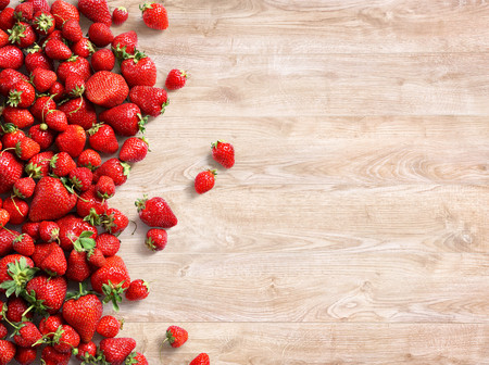 Healthy strawberry on wooden background. Fruits diet concept. Copy space. Top view, high resolution productの写真素材