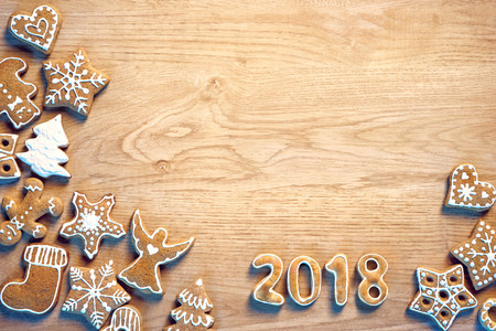 Merry X-mas! Homemade cookies on wooden background. Copy space for your text. Top view. High resolution productの写真素材