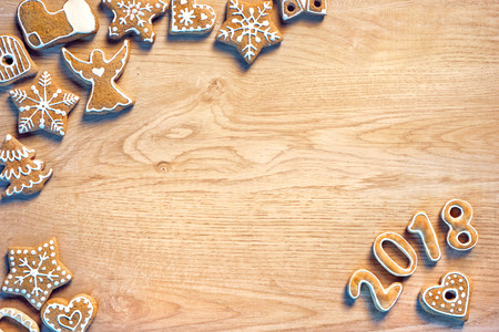 Traditional Christmas cookies on wooden table. Top view. High resolution product. Christmas baking conceptの写真素材