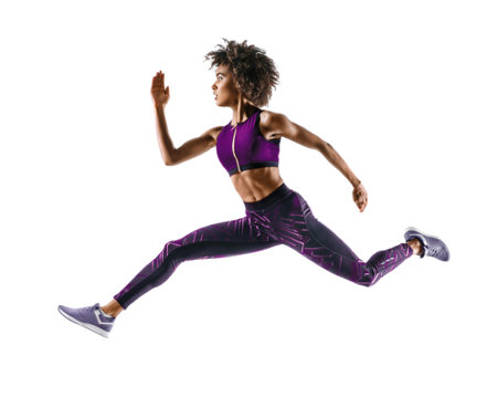 Woman runner in silhouette on white background. Dynamic movement. Side view
