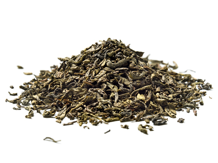 Heap of green tea on white background. Close up. High resolution.の写真素材