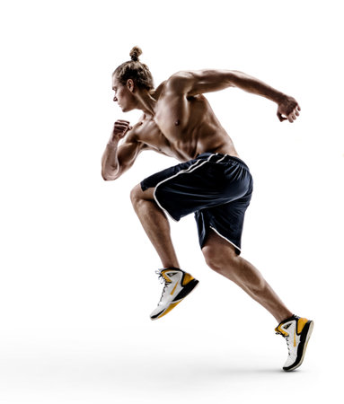 Muscular man runner in silhouette. Photo of shirtless muscular man isolated on white background....
