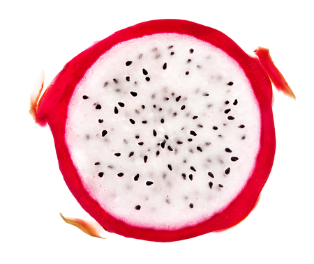 Slice of dragon fruit isolated on white background. Close up. Top view. High resolution productの写真素材