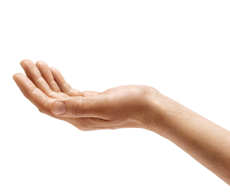 Man's hand sign isolated on white background. Palm up, close up. High resolution productの写真素材