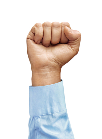Man's hand in shirt with closed fist isolated on white background. Close up. High resolution productの写真素材