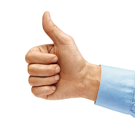 Man's hand in shirt showing thumb up - like sign, isolated on white background. Close up. Positive concept. High resolution product.の写真素材