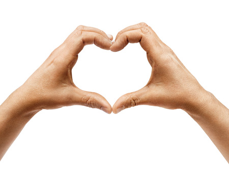 Two hands making heart sign isolated on white background. Close up, high resolution productの写真素材