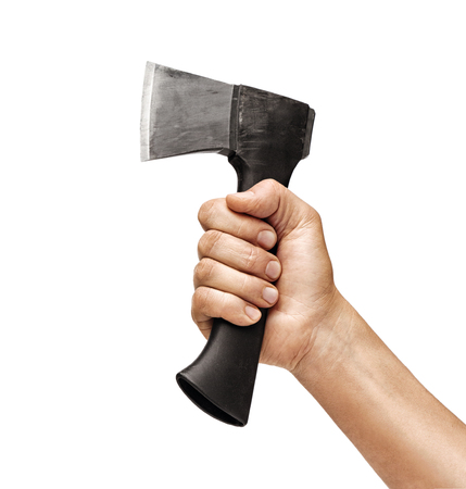 Close up of man's hand holding an axe isolated on white background. High resolution productの写真素材