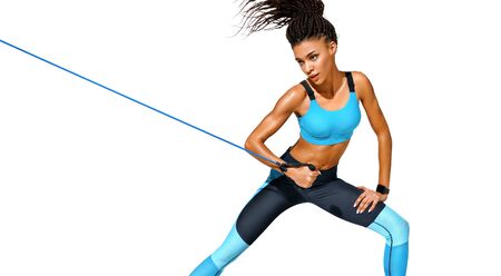 Strong girl working with resistance band. Photo of african american girl in fashionable sportswear on white background. Dynamic movement. Sports and healthy lifestyleの写真素材