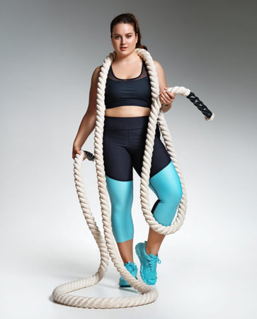 Sporty girl with heavy ropes on her shoulders. Photo of model with curvy figure in fashionable...