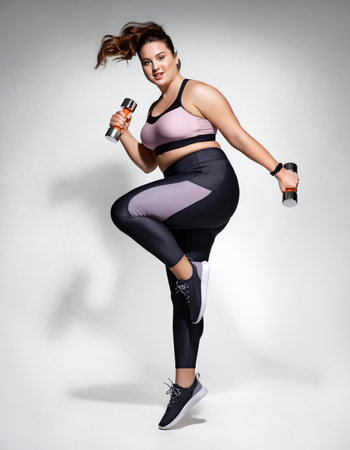 Sporty girl jumping with dumbbells. Photo of model with curvy figure in fashionable sportswear on gray background. Dynamic movement. Side view. Sports motivation and healthy lifestyleの写真素材