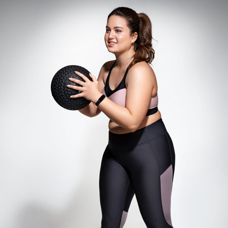 Strong woman workout with medicine ball. Photo of model with curvy figure in fashionable sportswear...