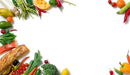 Healthy food background. Different fruits and vegetables. Top view.の写真素材