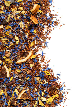 Rooibos tea with cornflower and orange slices on white background. top view. close up. high resolutionの写真素材