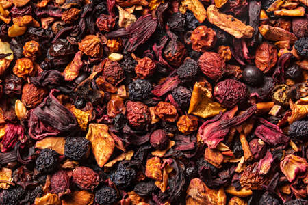 Mix of fruit pieces, berries and Sudanese rose petals, karkade. top view. close up. high resolutionの写真素材