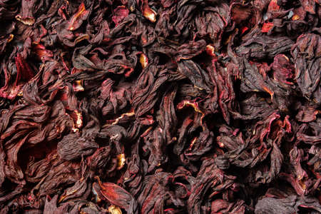 Karkade, dried rosella flowers. top view. close up. high resolutionの写真素材