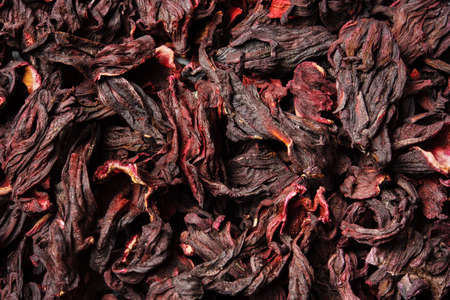 Karkade, dried rosella flowers. top view. close up. high resolutionの写真素材
