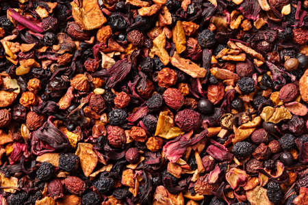 Mix of fruit pieces, berries and Sudanese rose petals, karkade. top view. close up. high resolutionの写真素材