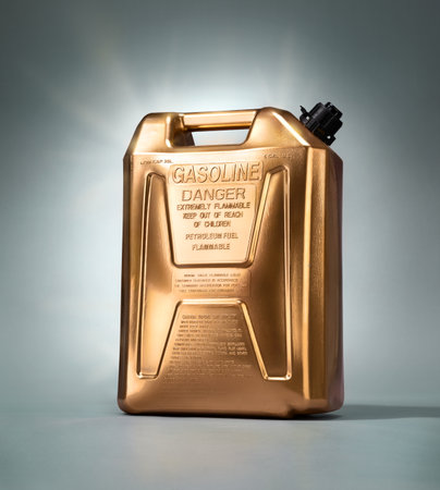 Golden can of gasoline on gray backgroundの写真素材