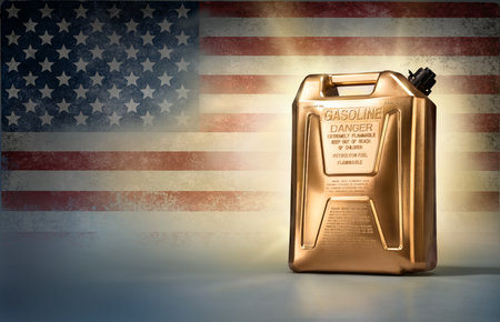 Golden can of gasoline against the background of the flag of the United States of Americaの写真素材