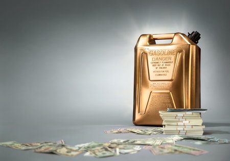 Gold gas can with stacks of large billed dollar banknotes on gray backgroundの写真素材