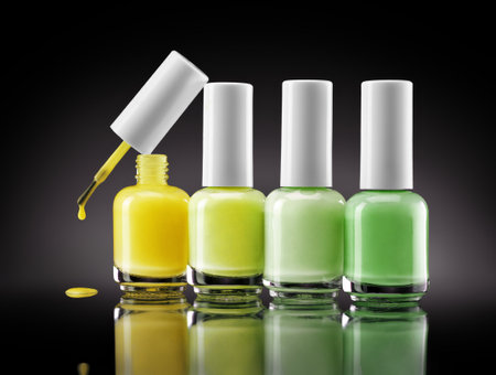 Bottles of gel nail polish on black background. close upの写真素材