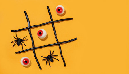 Game tic-tac-toe from spiders and eyes on orange background. halloween partyの写真素材