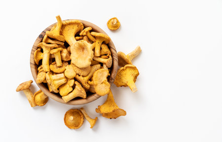 Wooden bowl full of chanterelle mushrooms on white backgroundの写真素材