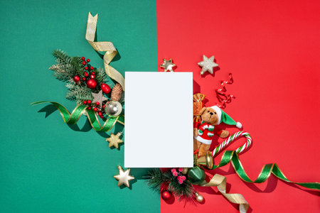 Christmas greeting card with toys on red and green background. Merry Christmas and Happy New Year concept. Copy space for your text. top viewの写真素材