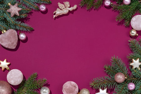 Christmas background with fir-tree branches and decoration toys. Merry Christmas and Happy New Year conceptの写真素材
