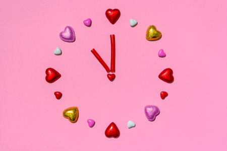 Time to love. Bigger clock sign made of chocolates hearts and candy on pink background. Valentine's day. Holiday backgroundの写真素材