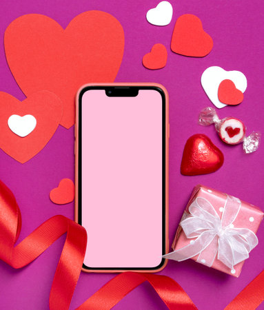 Holiday background with smart phone on pink background. valentines day background