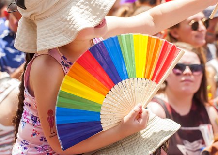 TEL AVIV, ISRAEL. June 9, 2017. Unknown girl and her father, the participants of the Tel Aviv Gay Pride parade 2017. This year it was devoted to the bisexual people. Children in gay families concept stock imageのeditorial素材
