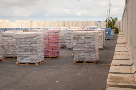 Goods supply - food and construction materials piled up at the Kerem Shalom border crossing to the...