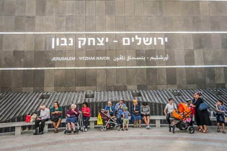 JERUSALEM, ISRAEL. September 27, 2018. People waiting at the brand new Yitzhak Navon train station with the name of the station on their background. For the first time train to connect directly Tel Aviv and Jerusalem.のeditorial素材