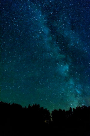 Milky Way and forest at night, Long exposure photograph, with grainの写真素材
