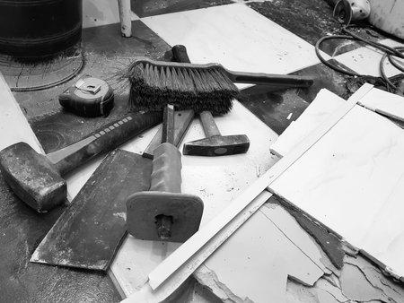 Repair building with tools and hammer, chisel, cleaver and tape measure on the floor