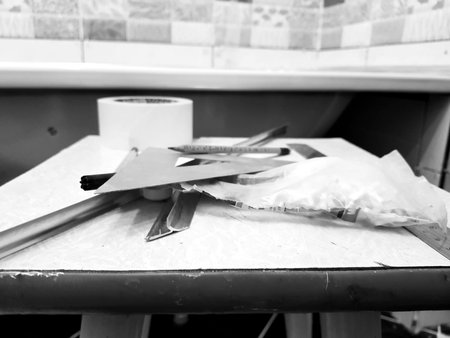 Repair - building with tools, tape measure, pencil, pen, marker, masking tape, triangle, corner,...