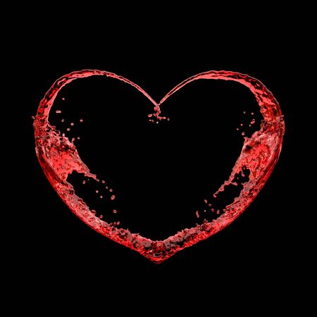Heart of red wines splashes isolated on black backgroundの写真素材