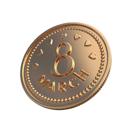Gold coin - 8 March, in the English language. Isolated on a white background.の写真素材