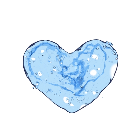 Blue heart with drops of water, isolated on white backgroundの写真素材