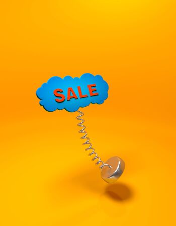 Red inscription Sale in the form of a blue cloud with a spring on an orange background width shadow.の写真素材