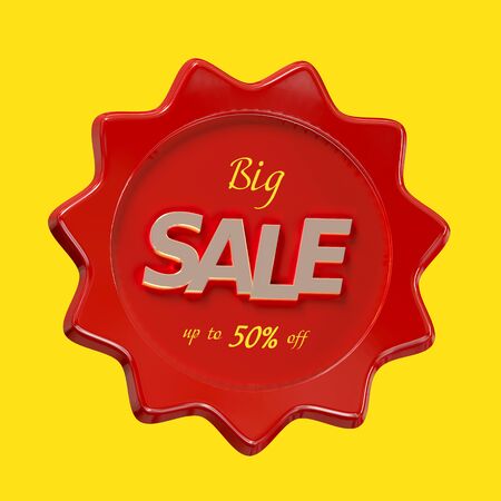 3d render of a red multi-pointed star with a gold inscription - Big sale, up to 50%の写真素材