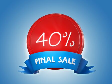 Red badge with a blue ribbon and the words - Final sale, 40 percent on a blue background. 3d renderの写真素材