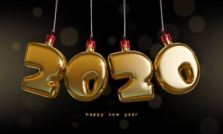 Golden Christmas digits 2020 in the form of Christmas toys on a black background. 3d renderの写真素材