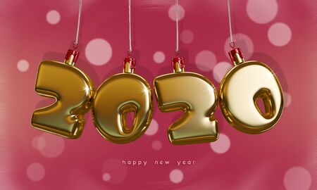 Golden Christmas digits 2020 in the form of Christmas toys on a pink background. 3d render cardの写真素材